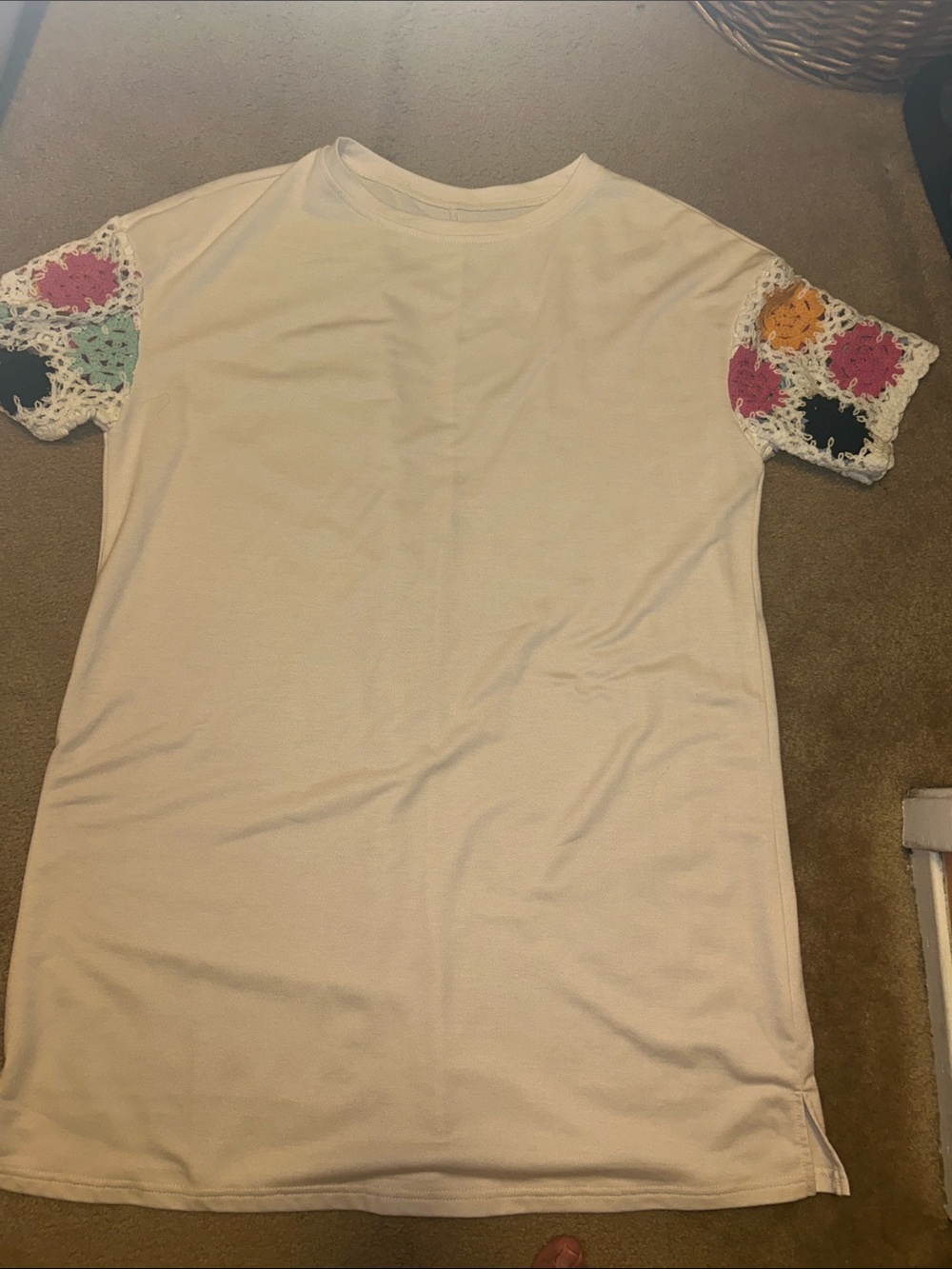 Cream T-Shirt Dress with Colorful Crochet Sleeve Accents